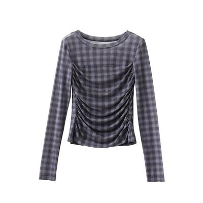 popchrio抽皱格纹网纱长袖T恤