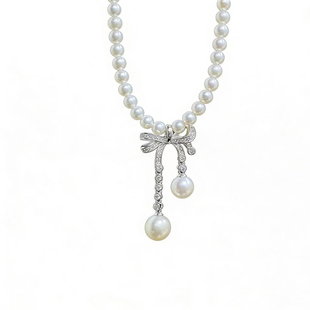 DIY珍珠小配件 S925纯银饰品 双珠蝴蝶结吊坠扣空托 配7-9mm圆珠