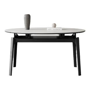 复古实木圆形餐桌现代简约黑色全托意式极简客厅家用伸缩岩板餐桌