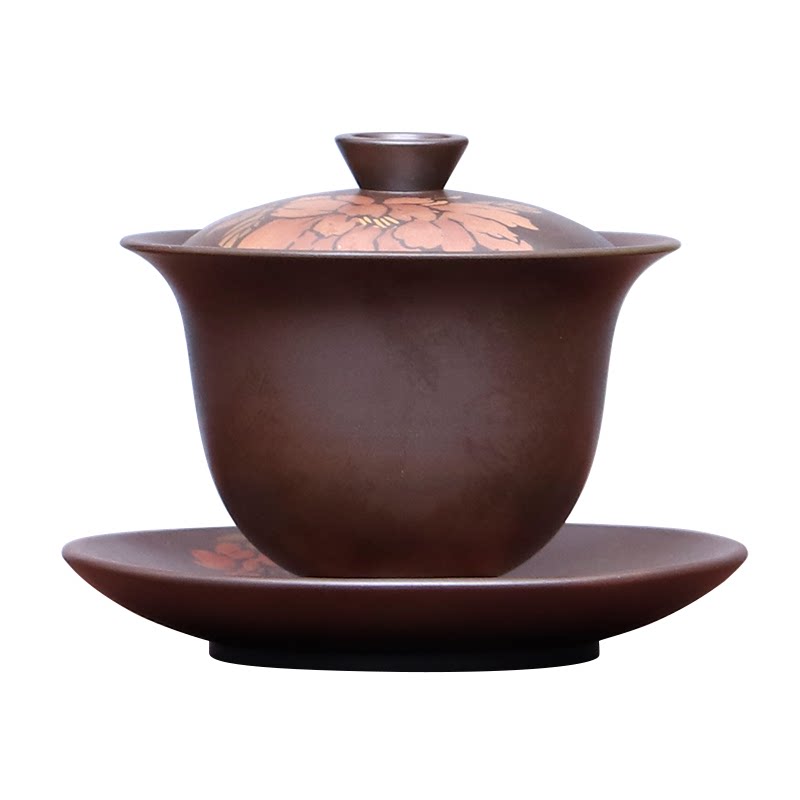 建水紫陶三才盖碗丹华叙茶水具