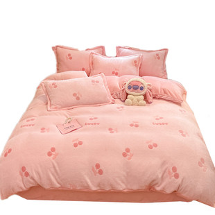 2025新款冬季加厚保暖雪花绒四件套床笠款牛奶绒被罩被套学生宿舍