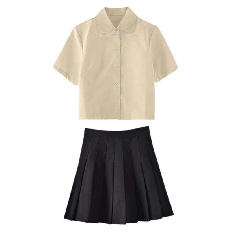 夏季jk制服简约娃娃领短袖衬衫女学生显瘦宽松上衣百褶裙子两件套