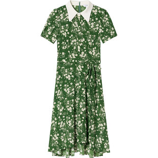 LK BENNETT绿色连衣裙2025年夏新款翻领印花系带文艺清新连衣裙