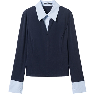 衣香丽影假两件针织衫女2026春衬衫翻领上衣miu系叠穿打底长袖T恤