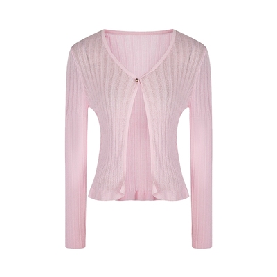 none樱花粉木耳花边V领气质开衫