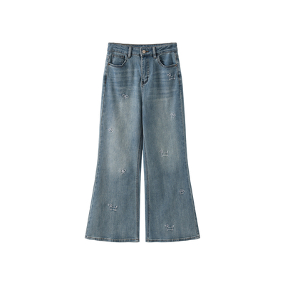 西町村屋牛仔微喇裤女2026夏新款趣味小狗刺绣百搭长裤XABB10116