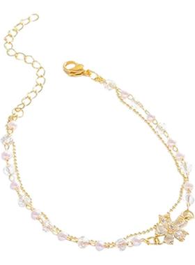 ins潮钛钢双层珍珠手链女超闪精致锆石花朵吊坠手串韩国新款手饰