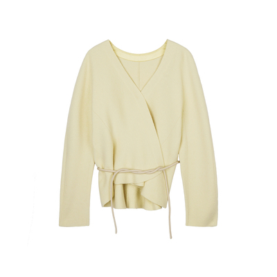 LESS春秋绵羊毛开衫女休闲简约系带收腰V领短款针织衫2N9310830