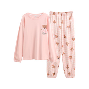 芬腾睡衣女春秋季纯棉长袖套头套装格子宽松休闲全棉加大码家居服