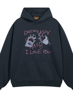 Drew美式潮牌猫爪印花卫衣女春秋慵懒风oversize潮牌薄款外套上衣