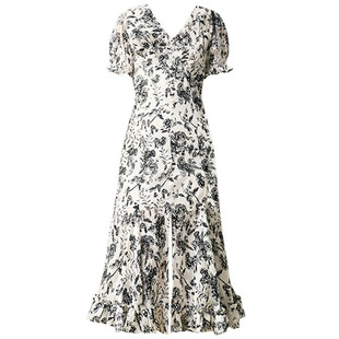 Theory Tommy 23夏季新气质开衩鱼尾裙黑白印花V领收腰真丝连衣裙