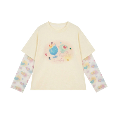 柒号童仓女大童韩版拼接假两件长袖T恤春装新款元气印花防晒上衣