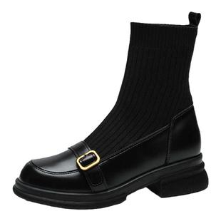 真皮袜靴女2025新款春秋马丁靴弹力瘦瘦靴早秋韩系小裸靴平底短靴