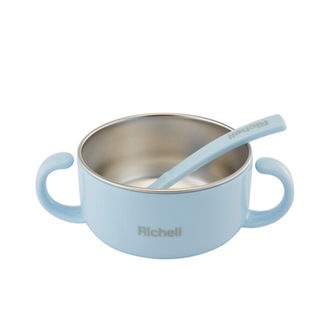 Richell利其尔不锈钢辅食碗勺子叉子宝宝双层隔热水杯餐具盖研磨