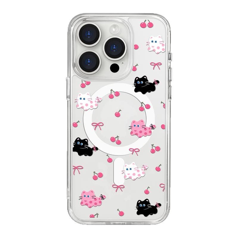 benefit樱桃蝴蝶结呆萌小猫适用于iphone17promax苹果16PRO黑色透明磁吸手机壳15新款13防摔保护套14情侣12