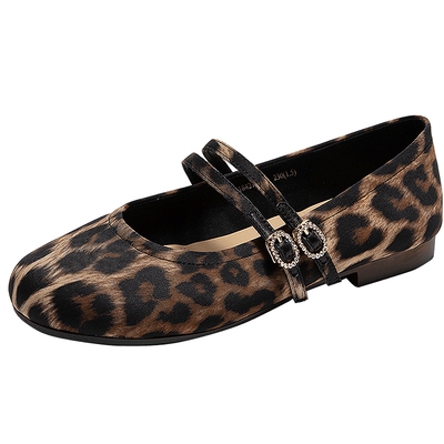 千百度豹纹玛丽珍鞋女款秋季新款小香风晚晚鞋浅口单鞋平底鞋