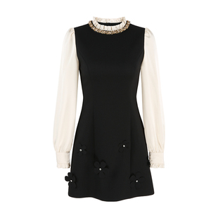 韩语琳 法式千金风长袖连衣裙女2026黑色气质小香风短款礼服裙子