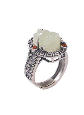 S925纯银和田玉貔貅招财戒指创意礼物复古国风设计感小众银指环女