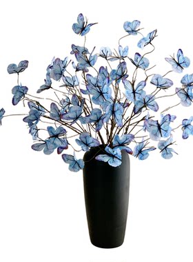 高级感宝蓝色仿真蝴蝶枝假花
