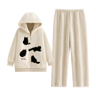 悦内睡衣女款冬季法兰绒加厚加绒珊瑚绒保暖毛绒家居服猫咪可外穿