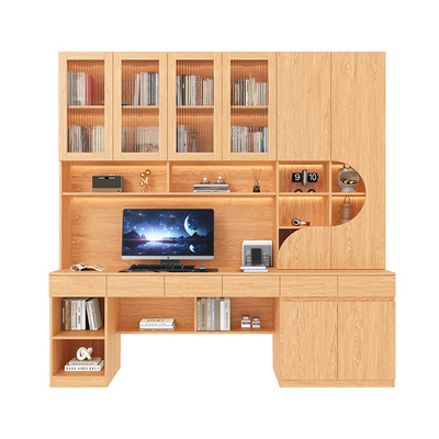国补定制实木书桌书架一体台式电脑客厅家用橡木色办公儿童学习桌