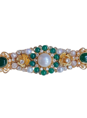 复古新中式绿玛瑙珍珠花朵发夹