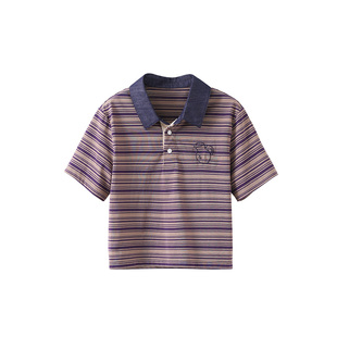 popchrio◆miu系撞色条纹polo翻领短袖T恤宽松休闲马球衫通勤上衣