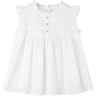 【南法白茉莉】全棉浮雕条纹 重工镂空花边小飞袖衬衫短袖女童夏