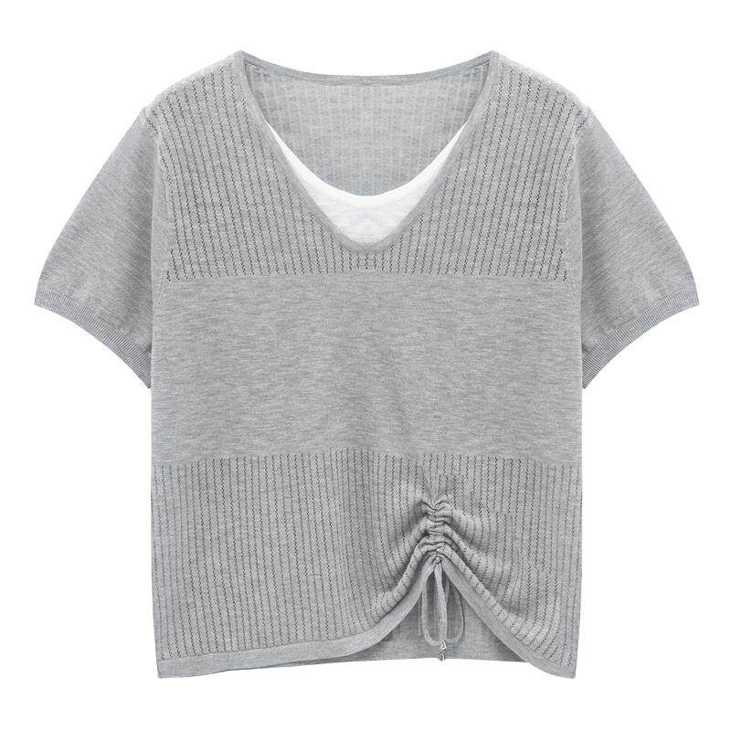 Basic House/百家好假两件镂空针织短袖女夏季设计感宽松抽绳上衣