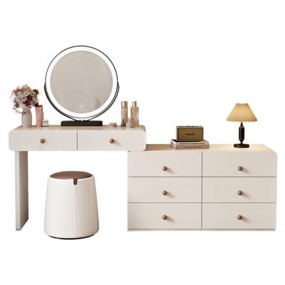 2025新款奶油风梳妆台现代简约卧室化妆桌床尾实木斗柜一体化妆台