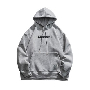 男道秋冬新款小字母重磅连帽薄款卫衣男美式复古加绒灰色套头帽衫