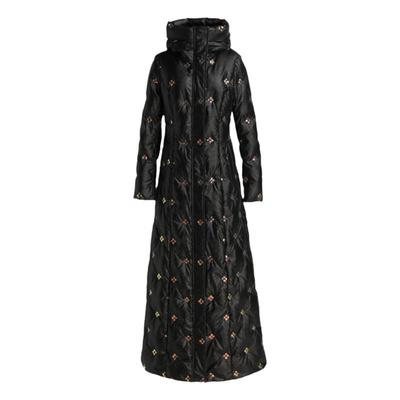 黑色长款收腰刺绣连帽