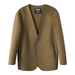 【无领设计】吉约蒙短款纯羊毛大衣男冬季绿色休闲双面呢毛呢外套