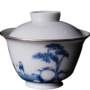 梅花落柴窑手绘青花盖碗包银口山水人物茶杯明清窑若深茶杯清物堂