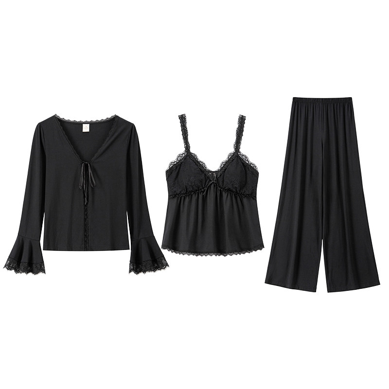 RoseTree莫代尔睡衣三件套春秋女款长袖绝美性感纯欲家居服带胸垫