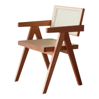 中古风实木藤编靠背扶手餐椅