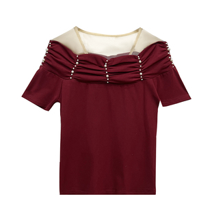 气质方领T恤女短袖夏季新款性感透视网纱拼接上衣欧货修身小衫潮