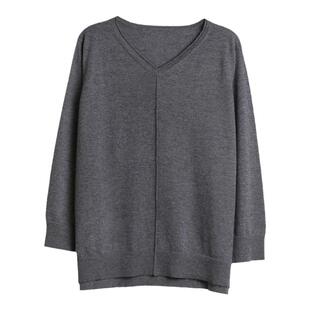 APCSHOP2024新款精纺针织衫女简约纯色V领侧开叉九分袖套头羊绒衫