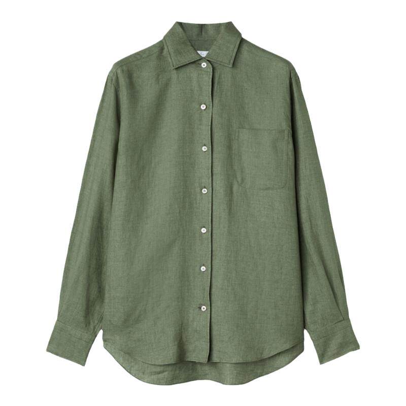 Loro Piana/诺悠翩雅男装绿色亚麻尖领长袖时尚休闲衬衫