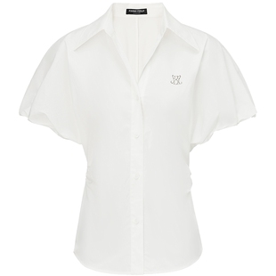 FF仿佛衬衫2025年夏季新款浅春系收腰女气质高智感烫钻泡泡袖上衣