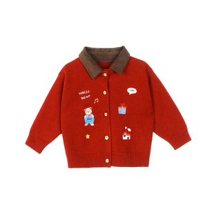 小O爸男婴童 宝宝毛衣男童冬季2026新款婴儿刺绣翻领红色新年开衫