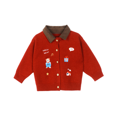 小O爸男婴童 宝宝毛衣男童冬季2026新款婴儿刺绣翻领红色新年开衫