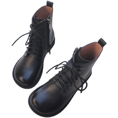 纯皮头层牛皮大头宽胖脚女短靴秋