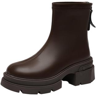 大东时装靴女鞋2025冬季新款时尚休闲粗跟后拉链中跟圆头D0122