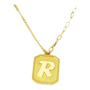 任意门R字牌项链 女纯银镀黄金色字母方牌吊坠锁骨链套链高级时尚