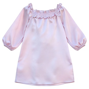 银桑INESANCE100%桑蚕真丝公主风女童睡裙长袖儿童家居服丝绸睡衣