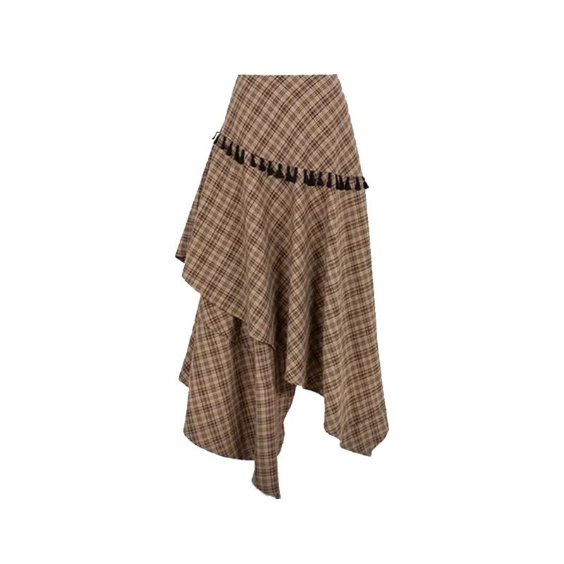 韩系慵懒风不规则格纹半身裙子女秋季胖mm大码显瘦美拉德a字伞裙