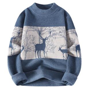 冬季加厚水貂绒毛衣男孩初中学生半高领加绒打底衫帅气大童针织衫