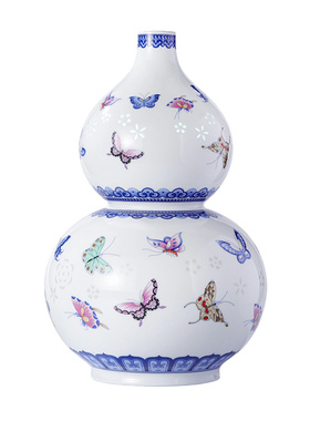 景德镇官方陶瓷蝴蝶纹葫芦瓶花瓶摆件家居装饰工艺品花插乔迁送礼