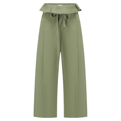 ODTD春夏腰头翻边花朵刺绣长裤